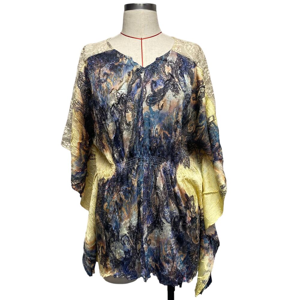 Alberto Makali Womens Size L Printed Lace Trim Kaftan Top